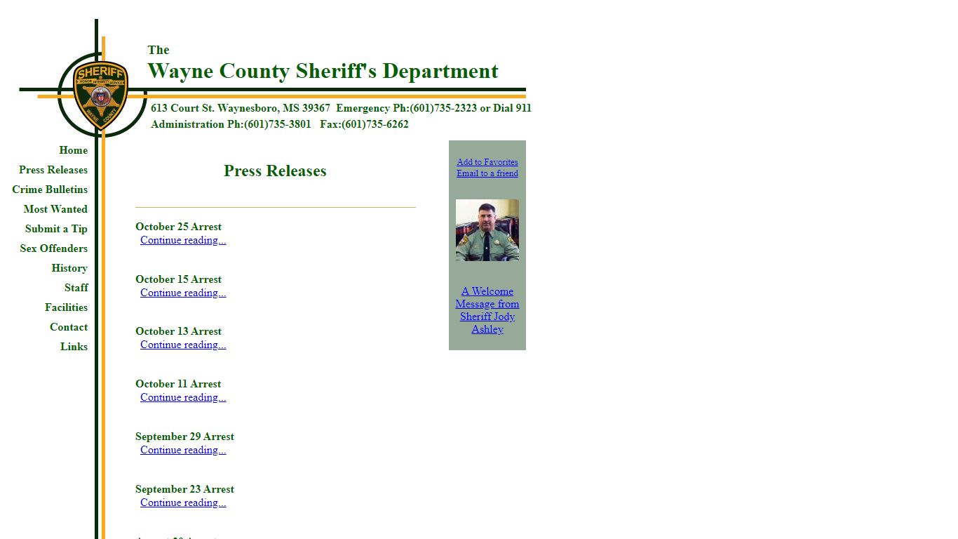 Wayne County Sheriff Department :: Waynesboro, MS Press Releases